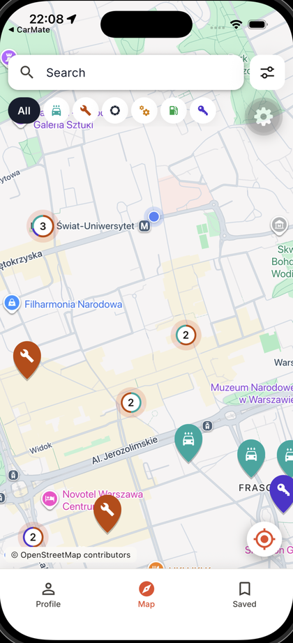CarMate map with car services in Warsaw