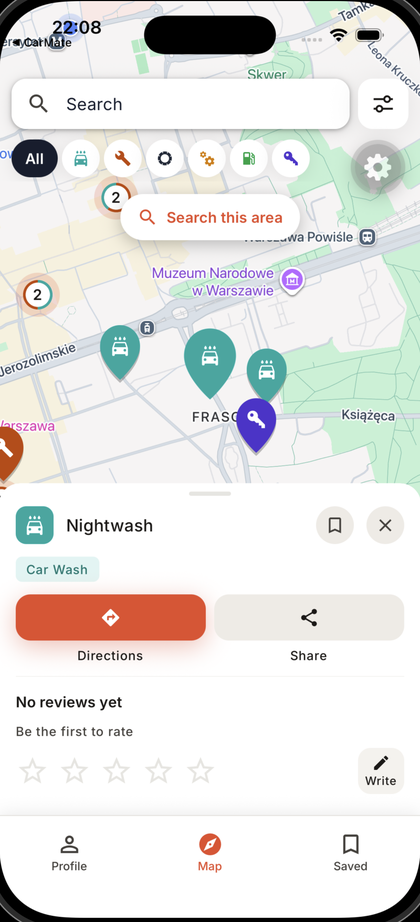 CarMate place details with directions and reviews